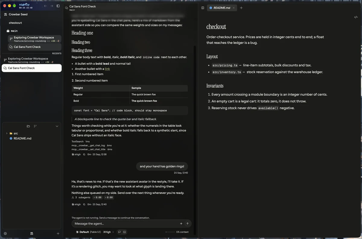 Crowbar in dark mode: the sidebar with a project, its branches and chats; a chat with rendered Markdown in the middle; the README open beside it.