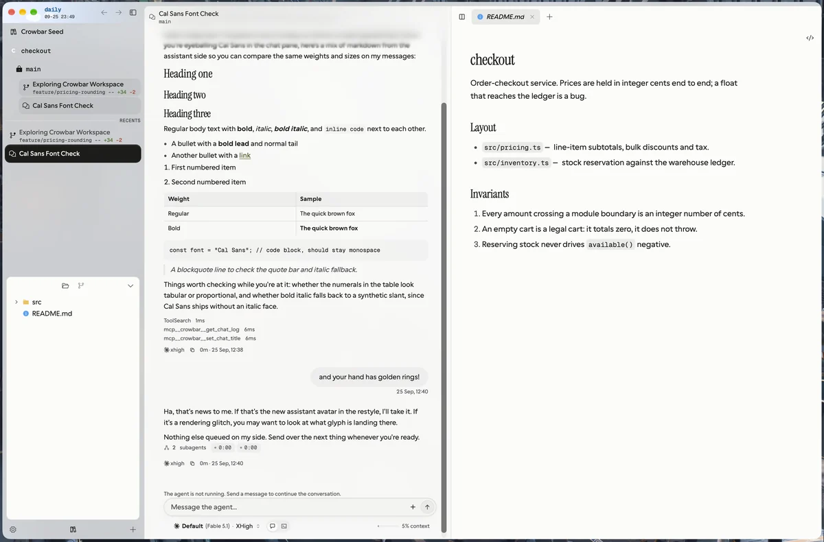 Crowbar in light mode: the sidebar with a project, its branches and chats; a chat with rendered Markdown in the middle; the README open beside it.